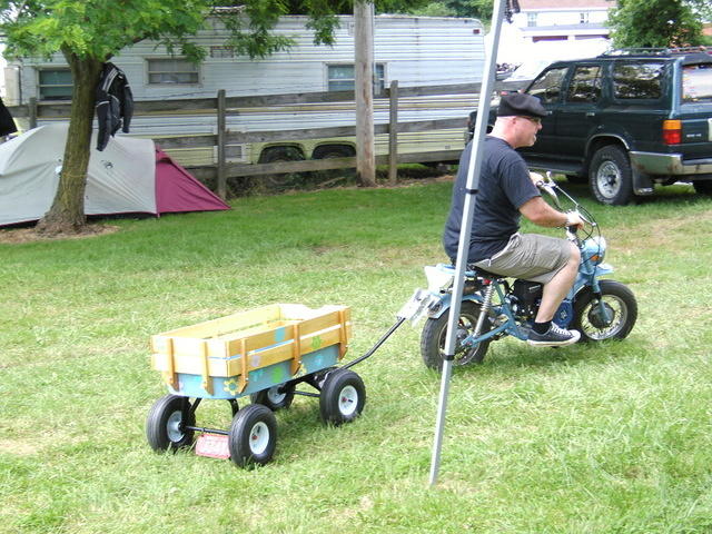 Scott on Skip and Lori's 'mini-bike' with wagon in tow!