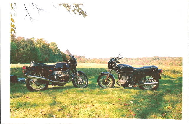 Ur BMWs: '77 R100/7 and '82 R65, in a field in Upper Bucks.