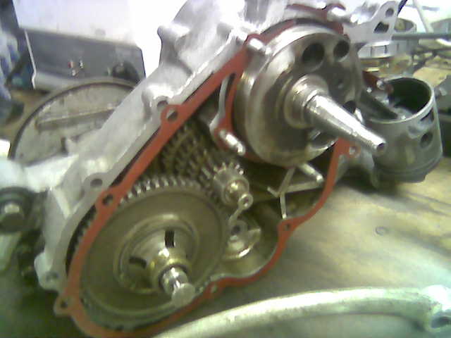 Vespa engine with four-speed transmission. These are easy to rebuild, and fun to work on.